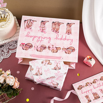 WRAPAHOLIC 13" Large Pink Cowgirl Birthday Gift Bag with Card and Tissue Paper - Western Bow Happy Birthday Wrapping Paper Bags for Party Favors Decor Girls Women Supplies