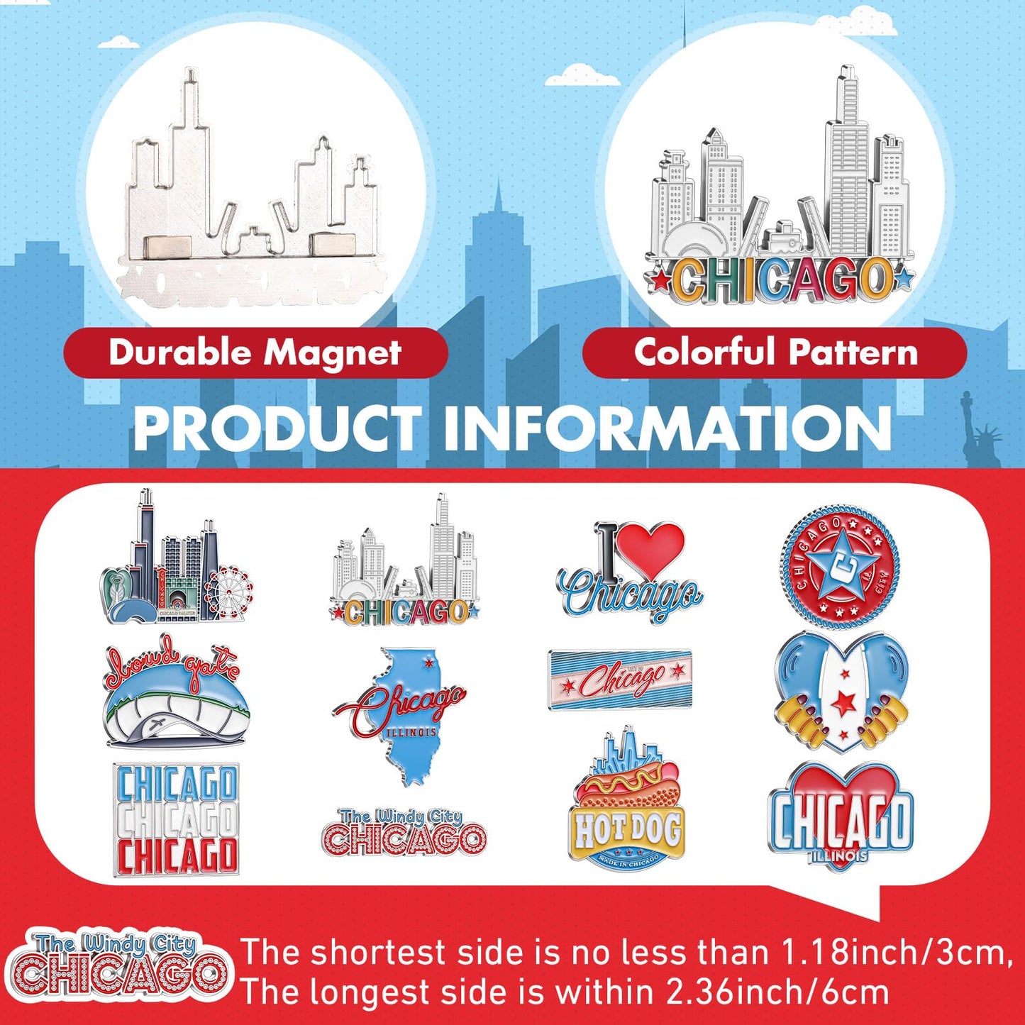 Konohan 12 Pcs Chicago Magnets for Refrigerator Metal USA Fridge Magnet Magnetic Chicago Souvenirs Gifts USA City Magnetic Refrigerator Stickers, Cloud Gate, Hot Dog