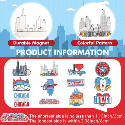 Konohan 12 Pcs Chicago Magnets for Refrigerator Metal USA Fridge Magnet Magnetic Chicago Souvenirs Gifts USA City Magnetic Refrigerator Stickers, Cloud Gate, Hot Dog