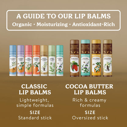 Badger Cocoa Butter Lip Balm Set, 100% Organic, Long Lasting Lip Moisturizers, Lip Care Variety Pack (Cocoa, Orange, Mint & Vanilla), All Natural Lip Balms, 4-pack