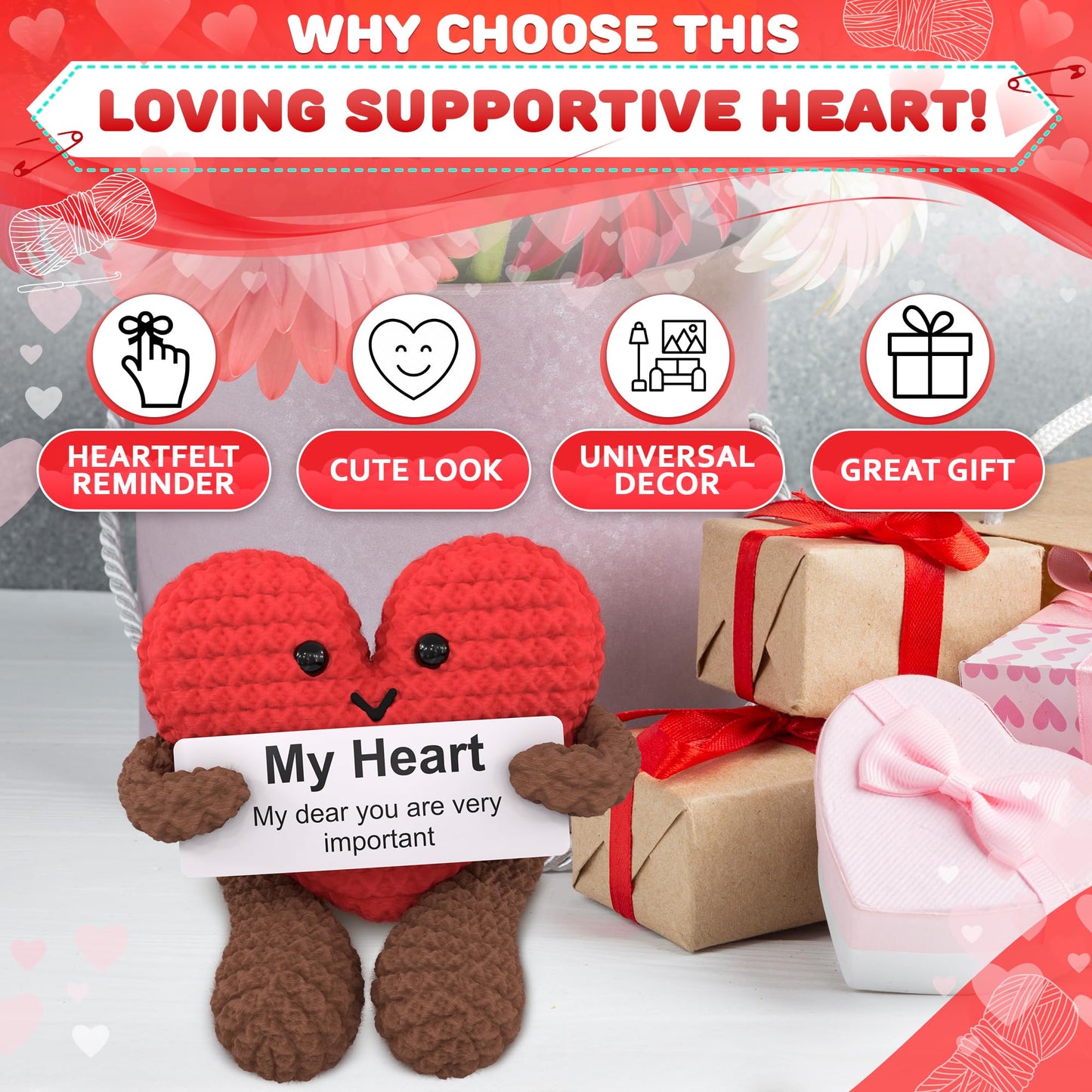 Reluen Heart Plush Gift for Her, Him - Mom Day Gifts Crochet Plushies Stuffed Hearts for Wife | Crochet Heart Soft Knitted Encouragement Support Keepsake for Girlfriends, Mother, Wife