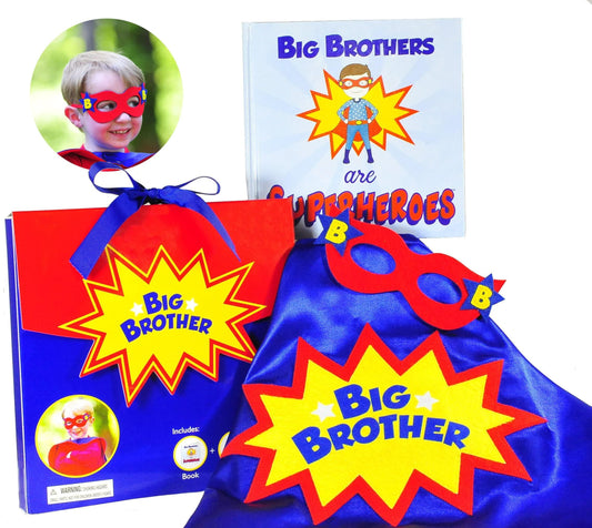 Tickle & Main Big Brother Gifts for Boy - 3-Piece Satin Superhero Cape & Mask with Storybook, Ages 2+, X-Large, Blue/Red/Yellow - Big Brother Superhero Cape Gift