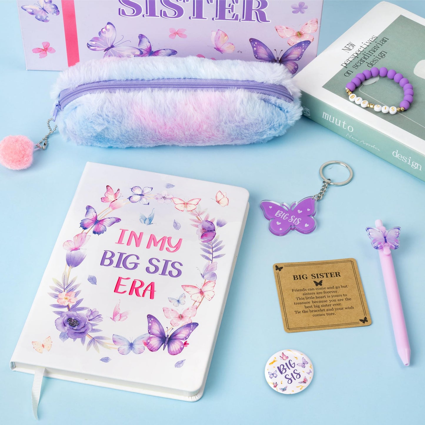 CY2SIDE Big Sister Gifts for Girls, 7PCS In My Big Sis Era Announcement Set Include Butterfly Notebook Pen Plush Pouch Keychain and Greeting Card, Charm Birthday Gifts for New Sibling Arrival Age 2-8