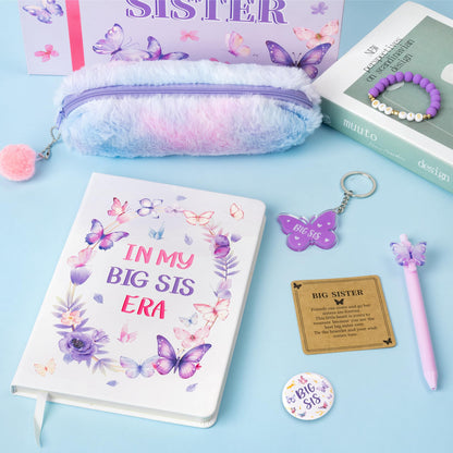CY2SIDE Big Sister Gifts for Girls, 7PCS In My Big Sis Era Announcement Set Include Butterfly Notebook Pen Plush Pouch Keychain and Greeting Card, Charm Birthday Gifts for New Sibling Arrival Age 2-8
