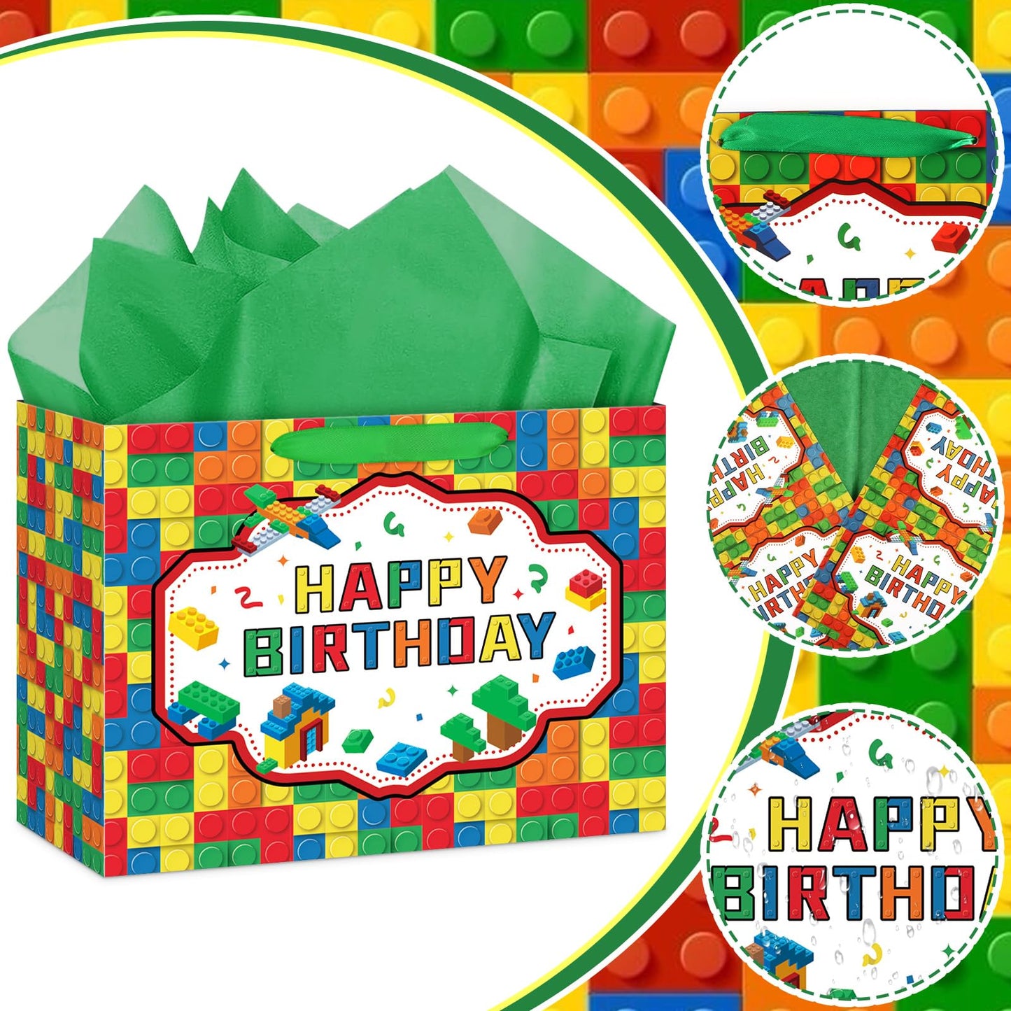 Hooqict Large Building Blocks Birthday Gift Bag Happy Birthday Gift Wrapping Bag with Handles, Tissue Paper, Greeting Card for Kids Boys Girls Building Bricks Theme Party Decorations Supplies
