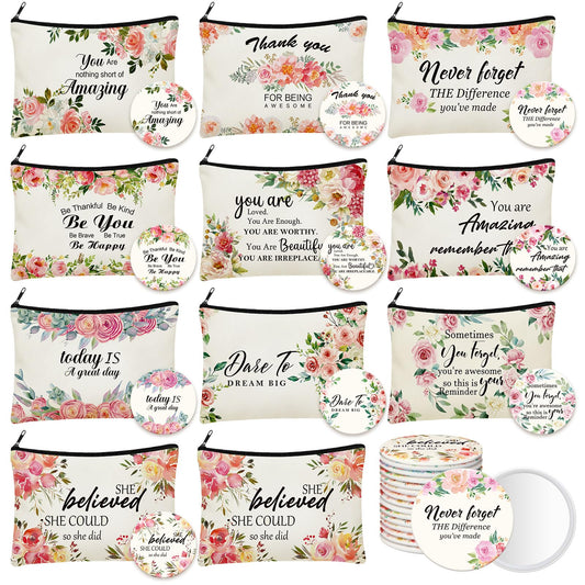 Kacctyen 20 Pcs Floral Inspirational Gifts Canvas Cosmetic Bags Compact Mirrors Makeup Bags Thank You Travel Toiletry Pouch Bulk Mothers Day Gift for Church Mom Women Teacher Coworker Employee