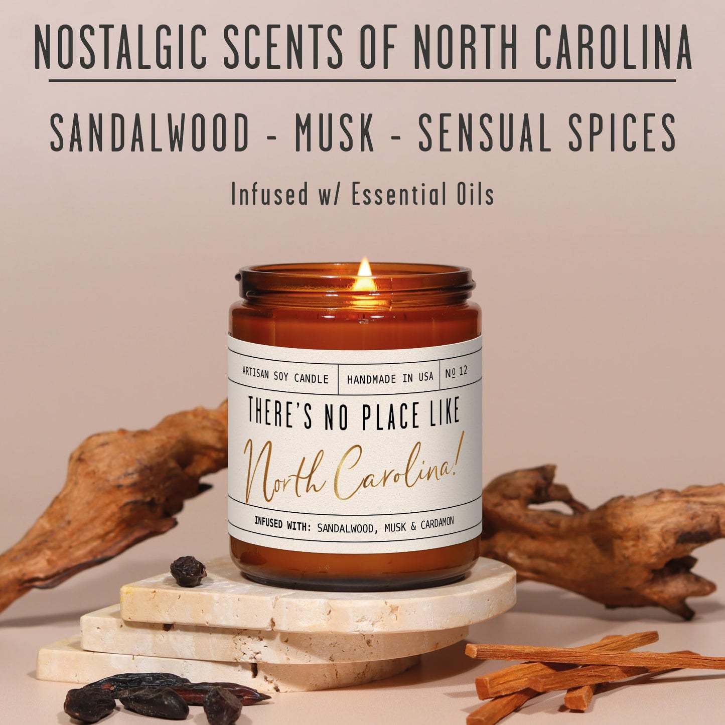 North Carolina Gifts, North Carolina Decor for Home - 'There's No Place Like North Carolina Candle, w/Sandalwood, Musk & Cardamon I North Carolina Souvenirs State Gifts I 9oz Jar, 50Hr Burn, USA Made