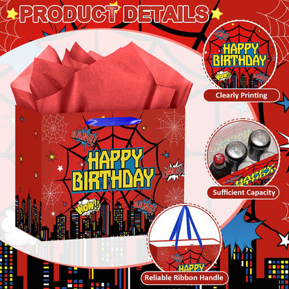 MOORIIY Hero Birthday Gift Bag with Greeting Card and Red Wrapping Paper, Spider Theme Birthday Gift Bag Red Heros Favors Bags for Men Kids Baby Shower Party Decor Supplies