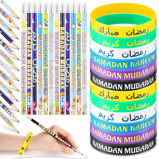 Feifeiya 96 Pcs Ramadan Eid Mubarak Gifts, Eid Pencils Ramadan Wristbands Party Favors Muslim Gifts for Kids Students Classroom Party Supplies