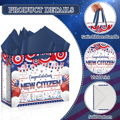 Allparty New American Citizen Gift Bag Citizenship Gift Bag with Wrapping Paper Card Sticker Envelope Blue White and Red New Citizen Party Favors Congratulations Gifts Presents for New US Citizens