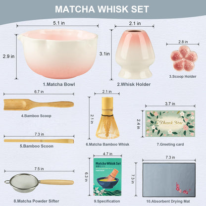 ENVTEK 8Pcs Matcha Whisk Set with Floral Ceramic Matcha Bowl, Wooden-Handled Sifter, Bamboo Whisk, Whisk Holder, Bamboo Scoop, Scoop Rest, Spoon, Tea Towel, Greeting card, Gift for Beginners