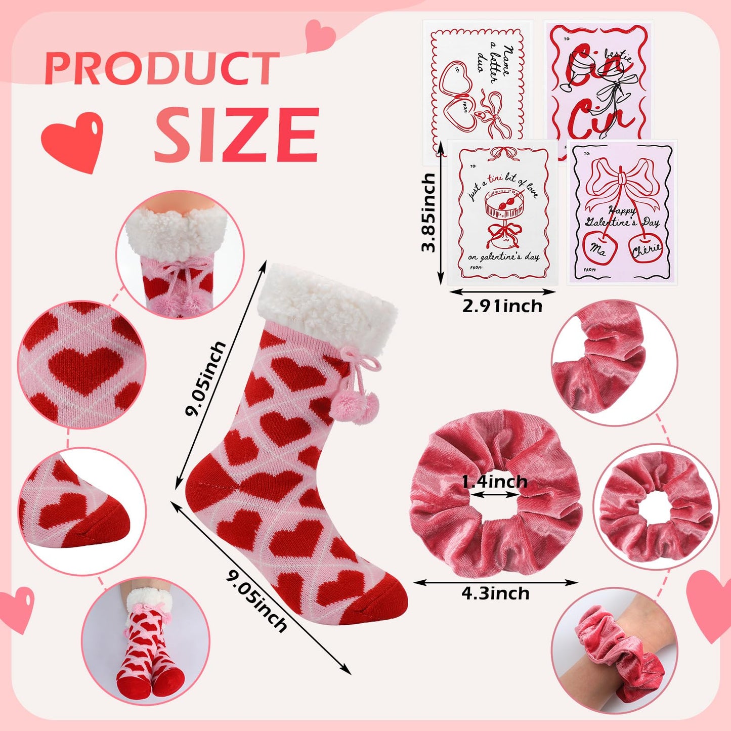 4 Sets/12 Pcs Galentine's Day Pink Gifts Sets Bulk Include 4 Pair Galentines Fuzzy Sock 4 Pcs Greeting Card 4 Pcs Velvet Hair Scrunchies for Women Friend Bestie Valentine's Day Party Favor