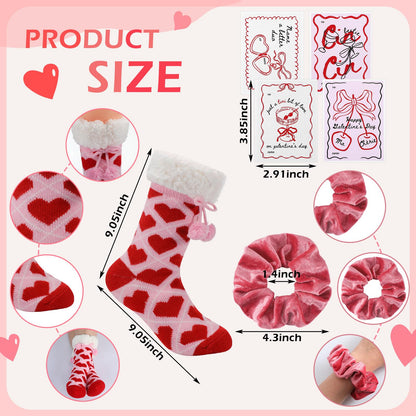 4 Sets/12 Pcs Galentine's Day Pink Gifts Sets Bulk Include 4 Pair Galentines Fuzzy Sock 4 Pcs Greeting Card 4 Pcs Velvet Hair Scrunchies for Women Friend Bestie Valentine's Day Party Favor