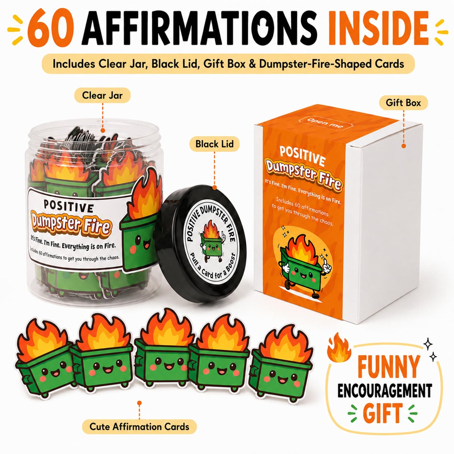 Emotional Supports Dumpster Fire Jar, 60 Positive Affirmation Cards, Dumpster Fire Desk Accessories, Relaxation Gifts, Coworker Gifts for Women, Great Gift for Boss, Teacher, Friends