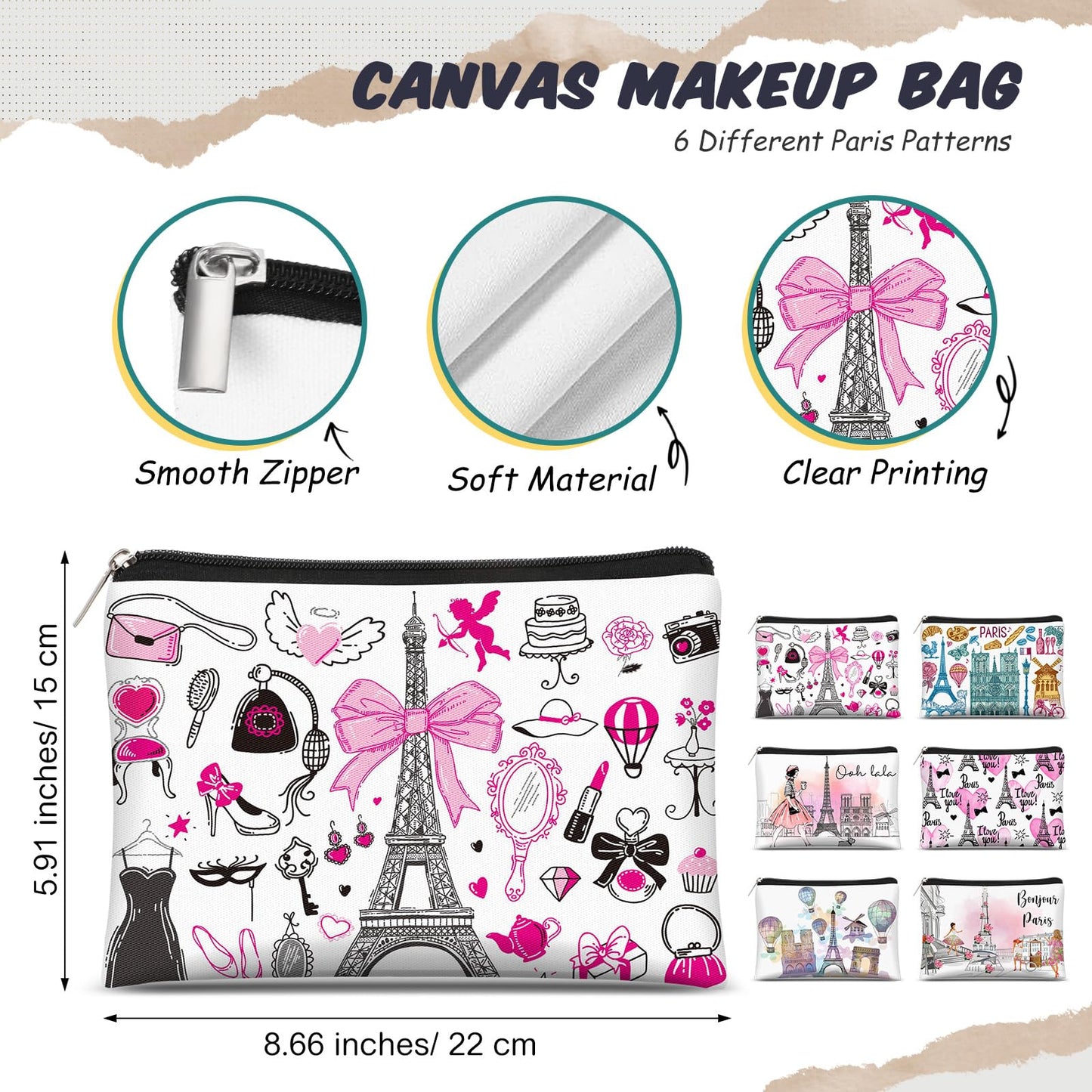 Reginary 6 Pcs City Cosmetic Bag Souvenir Gifts New York Zipper Pouch Chicago Souvenir Seattle Boston Nashville London Paris Italy Alaska Gifts Memento for Women Traveler(Paris)