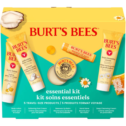 Burt's Bees Mothers Day Gifts Ideas - Essentials Everyday Set, 5 Travel Size Products - Deep Cleansing Cream, Hand Salve, Body Lotion, Foot Cream and Original Lip Balm