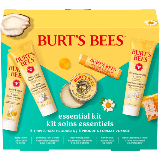 Burt's Bees Mothers Day Gifts Ideas - Essentials Everyday Set, 5 Travel Size Products - Deep Cleansing Cream, Hand Salve, Body Lotion, Foot Cream and Original Lip Balm