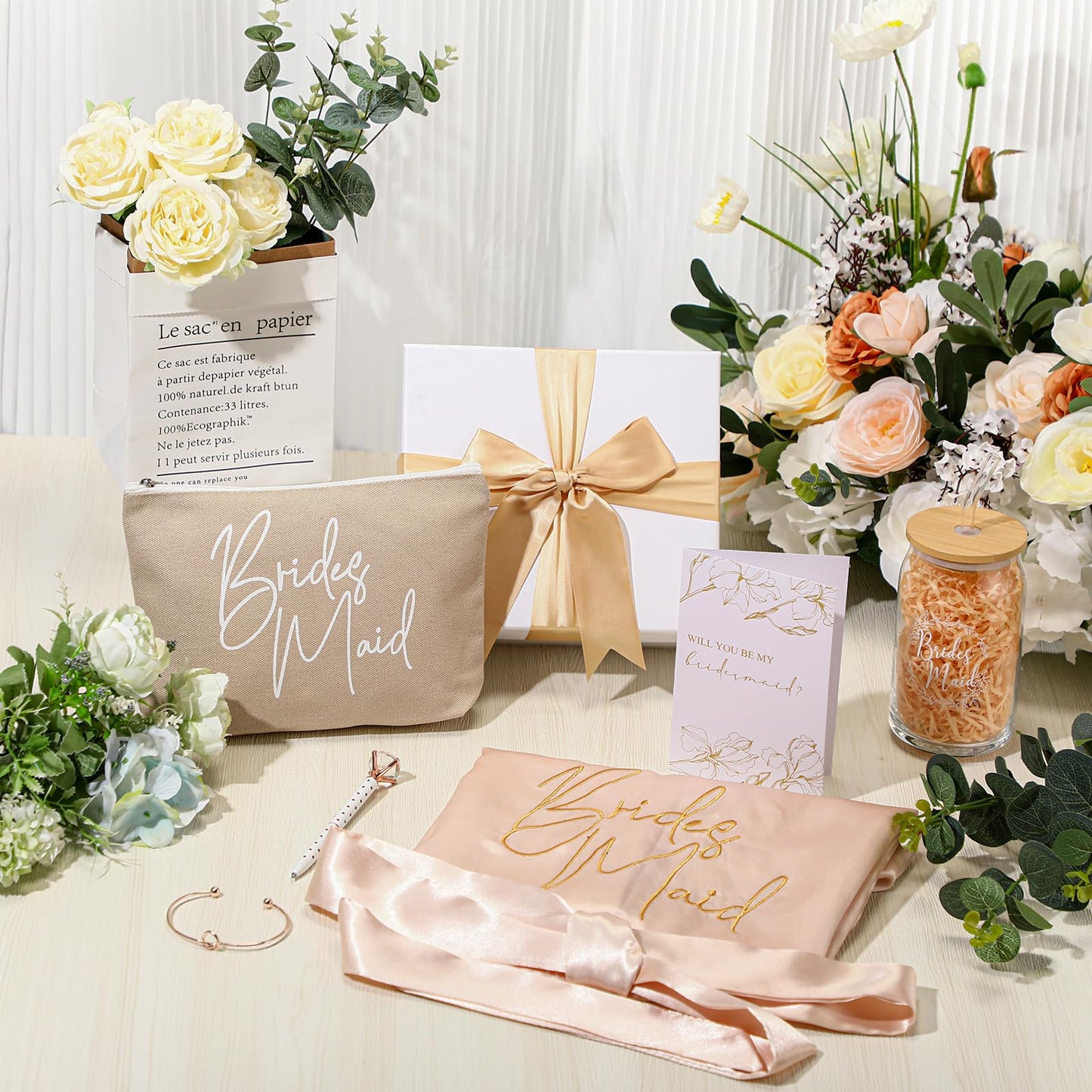 Irenare Bridesmaid Proposal Gifts Set Robes Makeup Bag Cup Cards Hair Tie Bracelet Diamond Pen Bridesmaid Gift Box(Champagne,8 Pcs)
