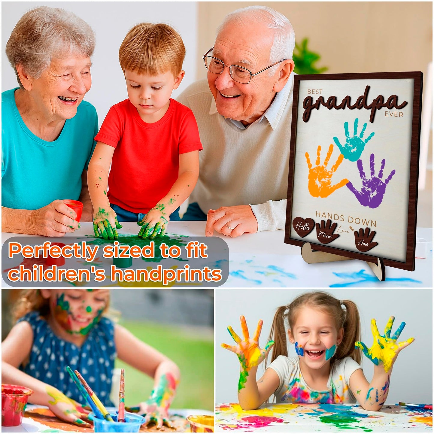 10" Hands Down Best Grandpa Ever DIY Handprint Kids Gifts Frame with Paints, Grandpa Crafts from Grandkids Family Keepsake Plaque Birthday Gift Father's Day for Pops, Papa HF610