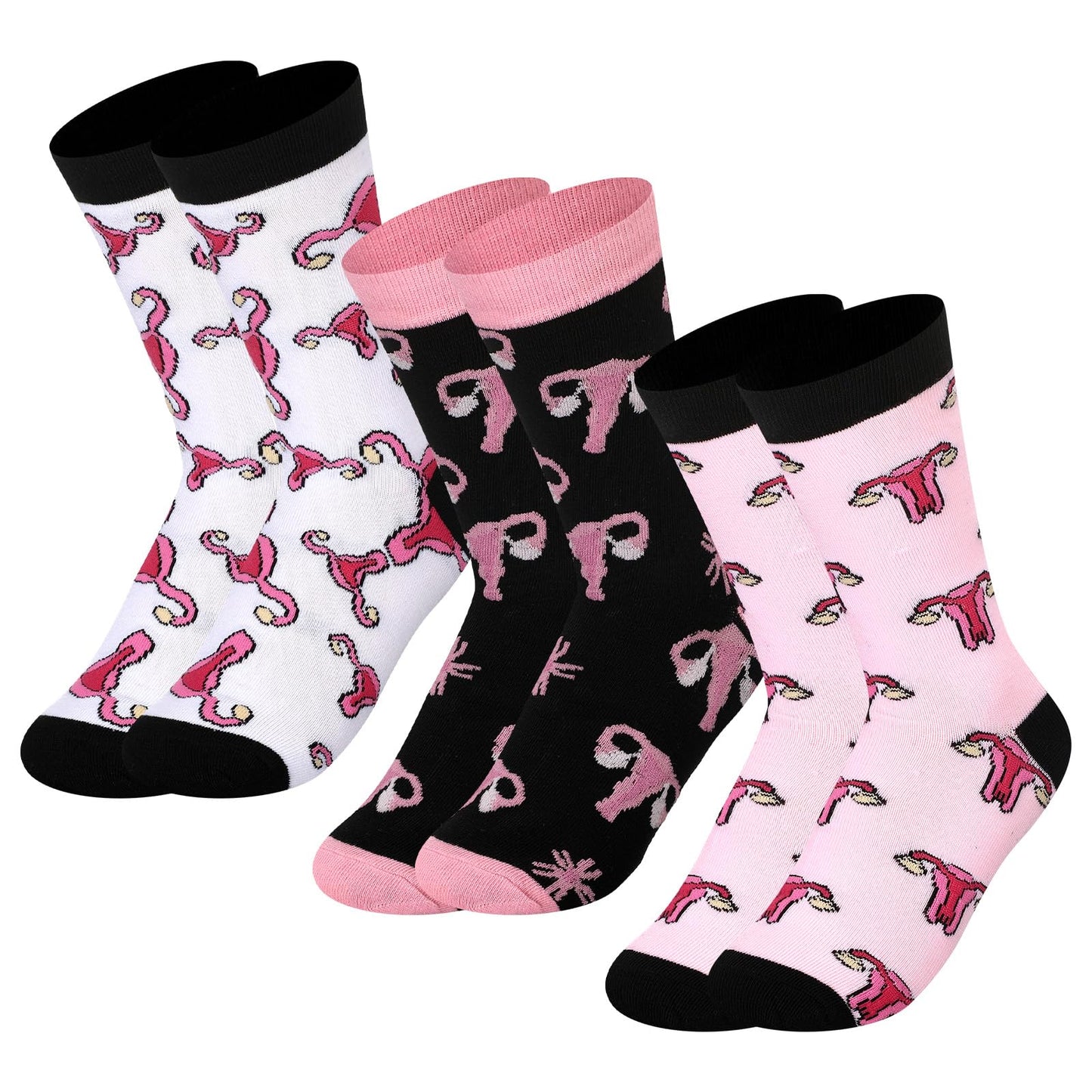 Glitopper 12/6 /3 Pcs Funny Uterus Crew Socks for Women Novelty Labor and Delivery Nurse Cervix Uterus Socks for Nurse Gifts