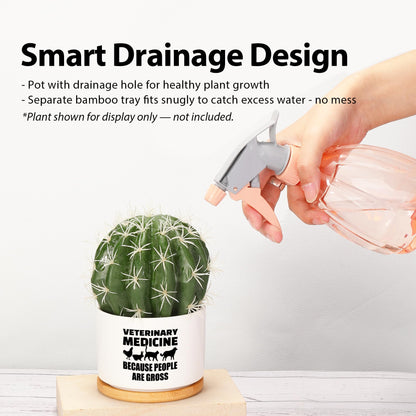 Veterinary Medicine Because People Are Gross Veterinarian Gifts Ceramic Succulent Plant Pot with Bamboo Tray Round Gift To Vet Animal Doctor Pet Lover Home Decor Plant Lover 3.5 Inch White (No Plants)