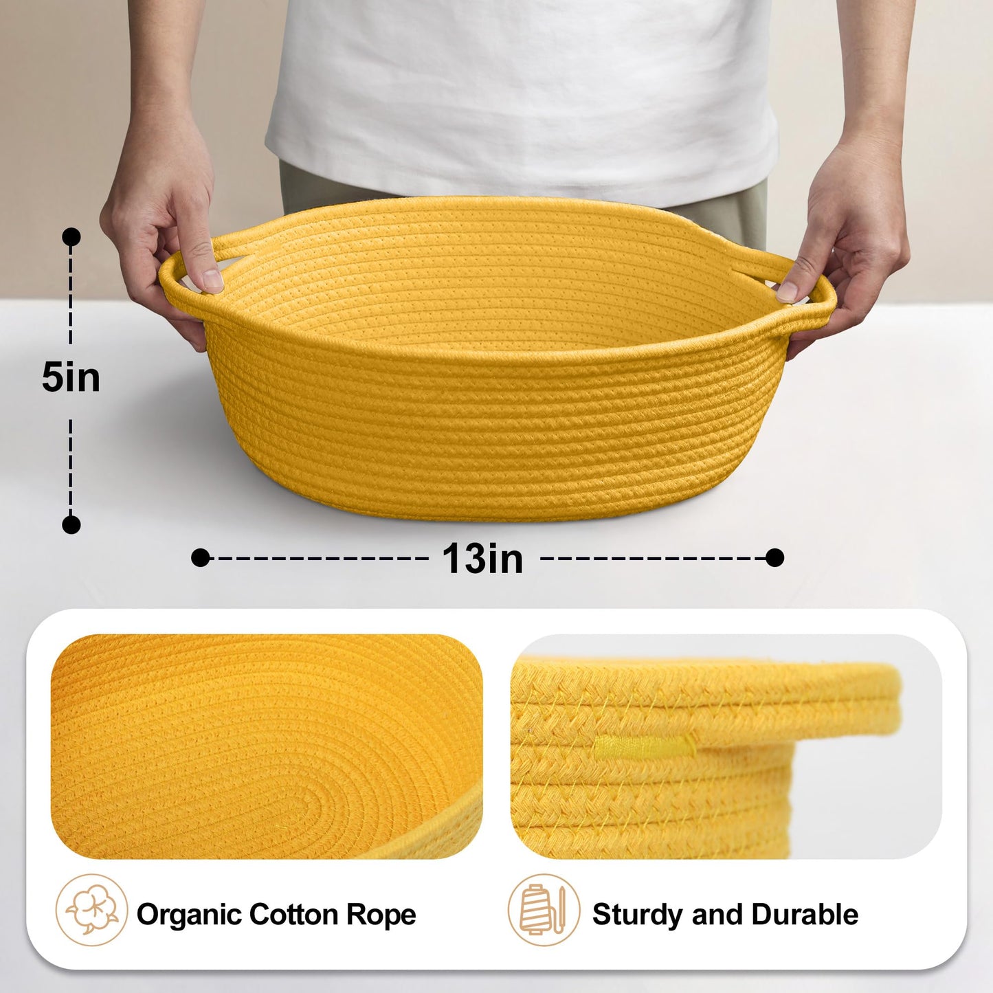 MEGASKET Yellow Woven Basket, 13" x 9" x 5" Baskets for Gifts Empty, Cute Cotton Rope Cat Dog Toy Bin Box, Small Woven Bin for Organizing, Yellow Room Decor, Nursery Cloth Diaper Storage Organizer