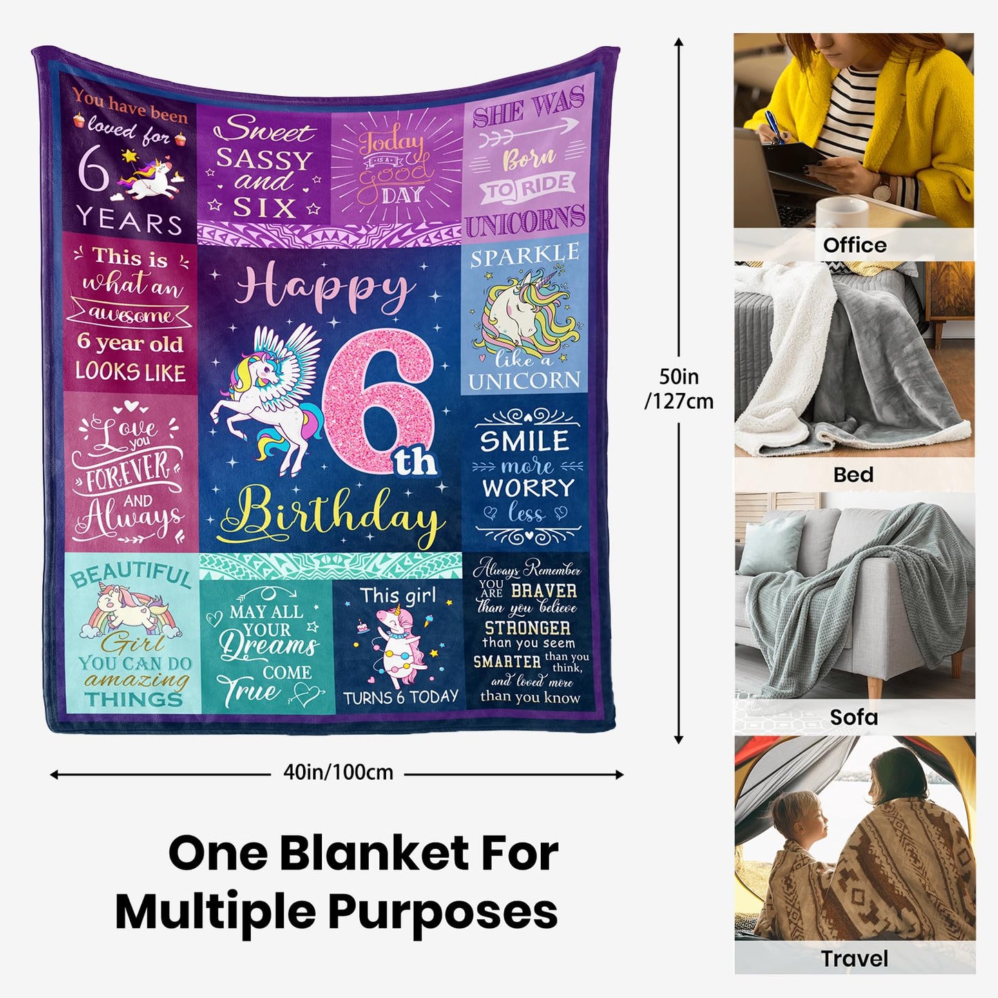 Solzien 6 Year Old Girl Birthday Gift Ideas Blanket 50"x40", Gifts for 6 Year Old Girl/Daughter/Granddaughter/Niece, 6th Birthday Decorations