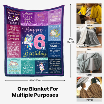 Solzien 6 Year Old Girl Birthday Gift Ideas Blanket 50"x40", Gifts for 6 Year Old Girl/Daughter/Granddaughter/Niece, 6th Birthday Decorations