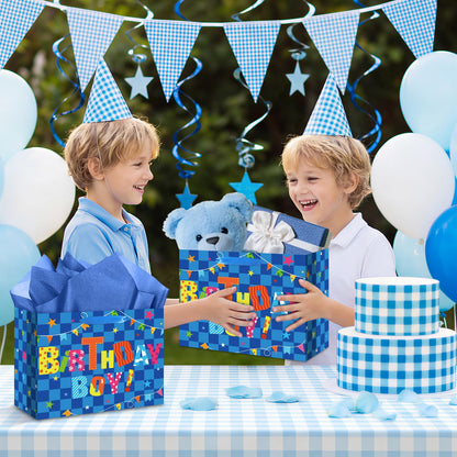 Innovoscape Blue Birthday Gift Bag for Boys Birthday Favor Bag with Tissue Paper and Card Colorful Happy Birthday Bag for Kids Boys Birthday Party Baby Shower