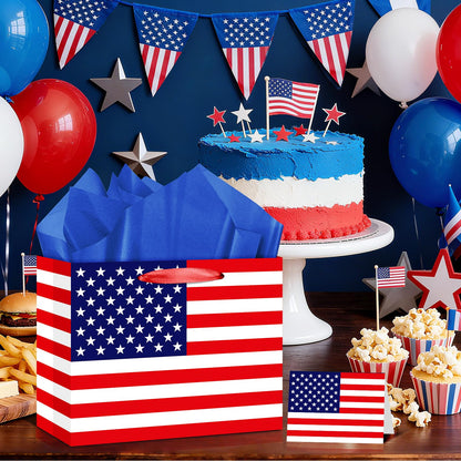 United States US Flag Gift Bag with Card & Wrapping Papers, USA 4th of July Gift Bag Party Decorations American Patriotic for National Day of The United States,Birthday,Souvenirs Goodie Treat Bag