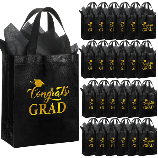 HunnmingRe 24 Sets Graduation Gift Bags 2026 Bulk Shiny Non Woven Black Gold Congrats Grad Tote Bag with Handles and Tissue Wrapping Papers for College High School Party Favors, 8 x 10 x 4 Inch