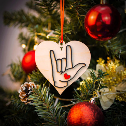 Wooden Christmas Ornaments Sign Language Ornament, I Love You Heart, Christmas Ornament, American Sign Gift (LSO25)