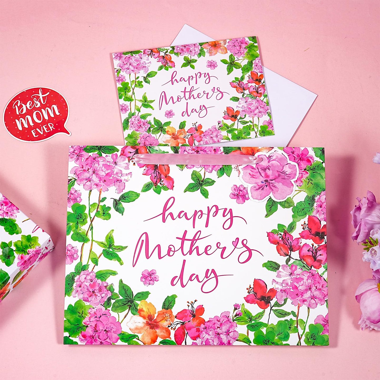 LeZakaa 13" Mother's Day Bag, Pink Floral Happy Mother's Day Bag with Greeting Card Tag & Tissue Paper, Elegant Flower Design Gift Bag for Mom Wife Grandma, 13" x 10" x 5", 1 Pc