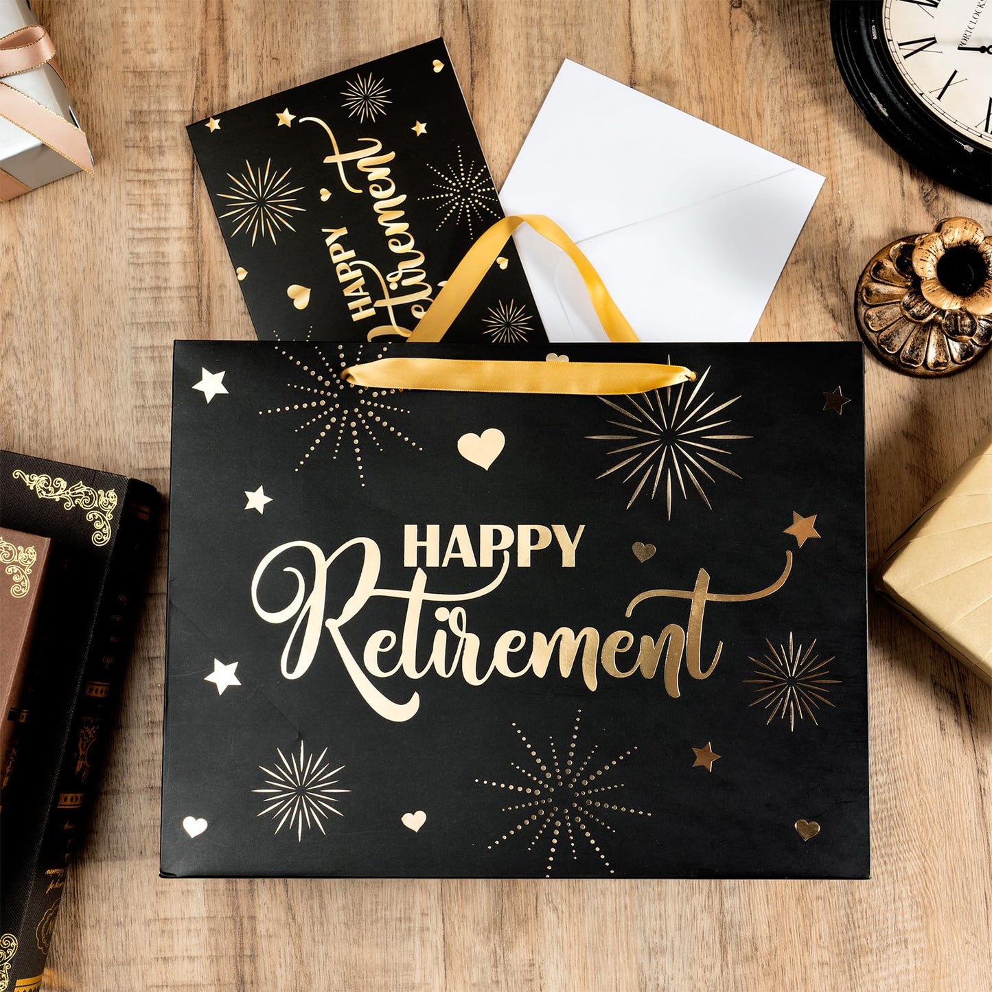 LeZakaa Happy Retirement Gift Bag, Black Goil Foil Hearts Stars Fireworks Design with Tissue Paper and Greeting Card for Men Women, 13" x 10" x 5", 1 Pcs