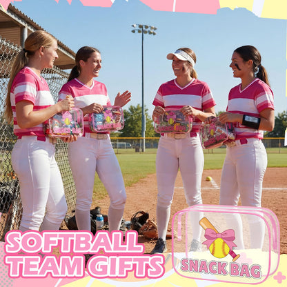 12 Pcs Softball Party Favors Pink Bow Softball Snack Bags Bulk Sport Gifts for Girls Team Soft Ball Goodie Bags Treat Clear Gift Bag for Girls Birthday Back to School, 7.87 x 5.9 x 2.36 Inch