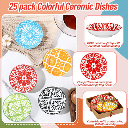 Teenyyou 25 Set Wedding Thank You Gifts Bohemian Ceramic Dipping Bowls 3.8 Inches Dishes Dipping Sauce Dish 3oz Small Appetizer Dessert Pinch Bowls for Employee Appreciation Return Gift