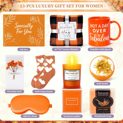 Fortuning's JDS 13PCS Orange for Women,Thank You Birthday Baskets for Women Wife Mom Sister Friend Girlfriend Teacher Get Well Self Care Package Graduation,Sympathy,Retirement Thank You Gifts