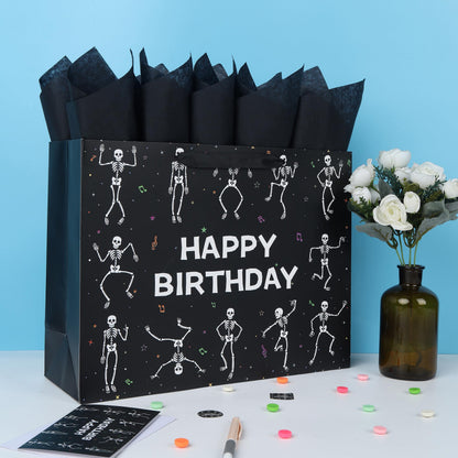 wishinside 16.5'' Extra Large Black Birthday Gift Bag Set with Handles, Greeting Card, Tissue Papers and Stickers for Men Boys Kids Teens for Birthday Party, 1 Pcs