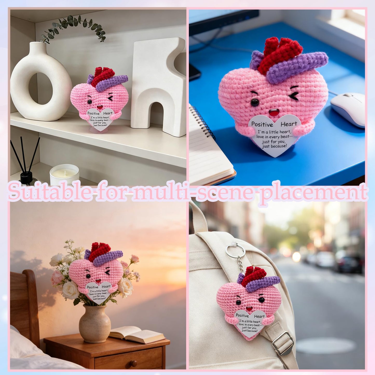 Emotional Support Positive Crochet Heart Handmade Gift and Desk Decor, Encouragement Present for Women Mother's Day Birthday Valentine's Day Galentines Multiple Holidays(Positive Heart)