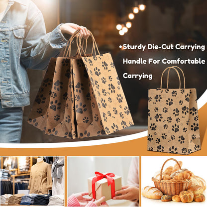 50 Pcs Large Puppy Dog Paw Print Gift Bags with Paper Handles - 10.6x8.3x4.3 Inch Kraft Dog Treat Paper Bags for Pet Treat Party Favor Birthday Gift (Brown)