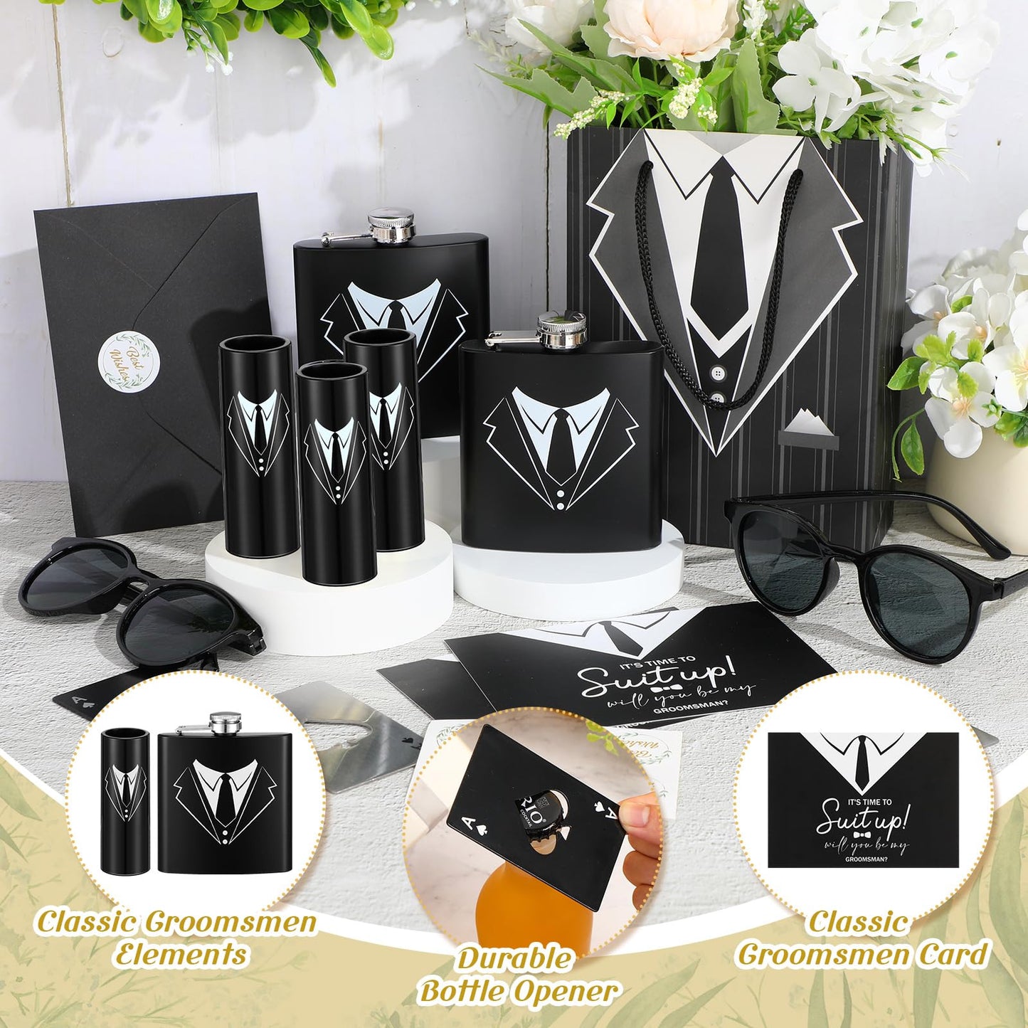 Bokon 72 Pcs Groomsmen Gifts for Men Stainless Steel Tuxedo Flask Groomsmen Gauge Glasses Poker Bottle Opener Groomsman Gift Bag Sunglasses with Cards for Wedding Bachelor Party Favors