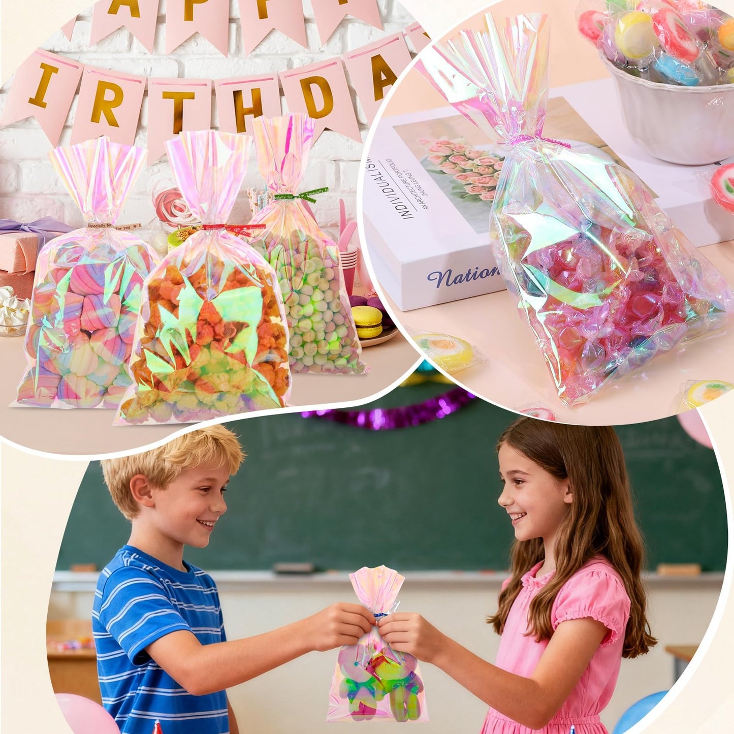 woric 150 PCS Iridescent Cellophane Treat Bags with Ties 6x9 Inch Clear Party Favor Bags Holographic Goodie Bag for Candy Baby Showers Mother's Day Weddings Birthday Party Favors