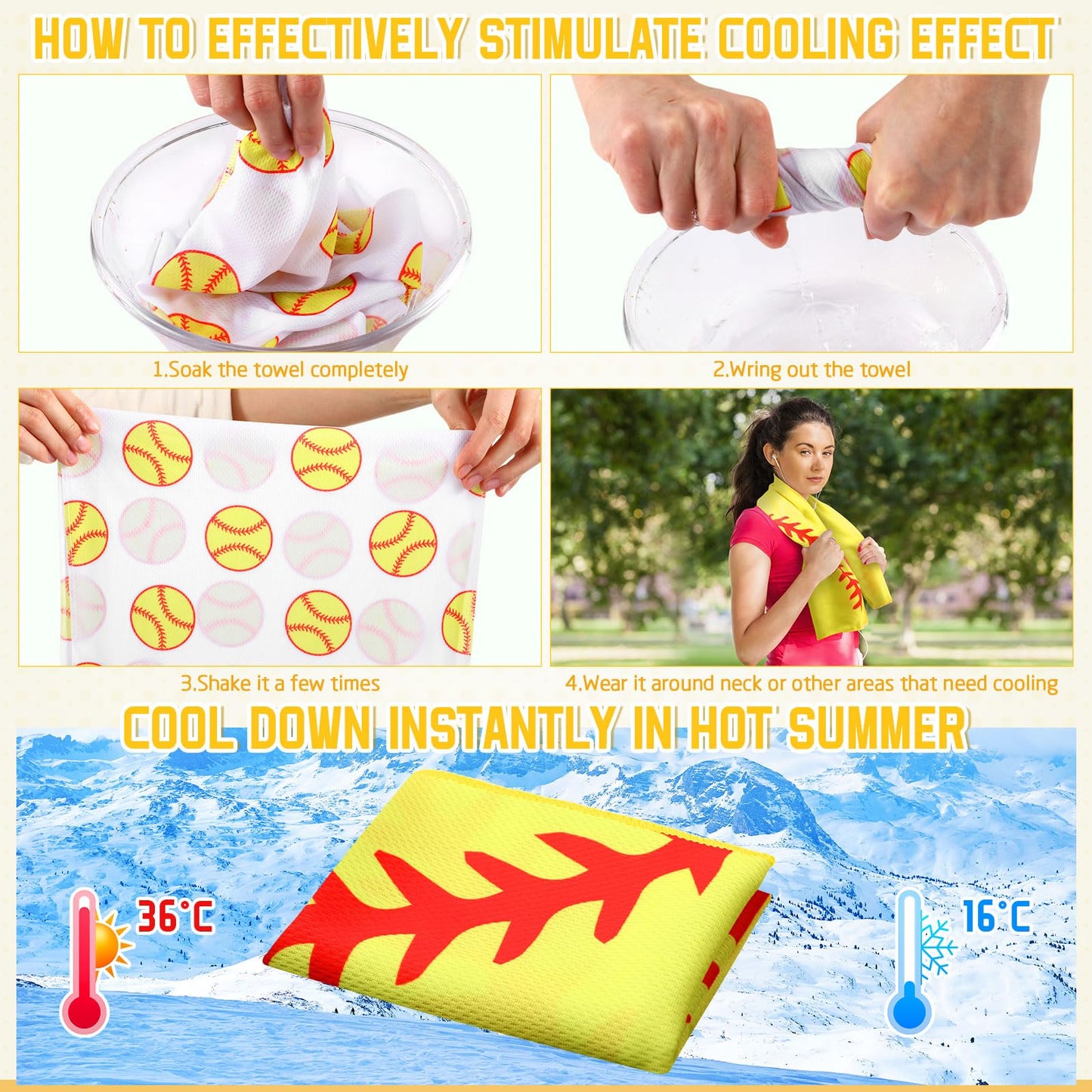 FuWeave 24 Pcs Sports Cooling Towels Baseball Basketball Softball 40 x 12 Inch Breathable Soccer Football Volleyball Microfiber Ice Towel Fast Drying for Sport Party Favors Team Gift(Yellow,Softball)