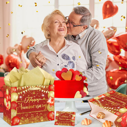 Red Anniversary Party Gift Bag with Tissue Papers and Card, 11.8'' Red Gold Wedding Anniversary Paper Gift Wrapping Bag for Women Men Wedding Party Supplies Gift Bag