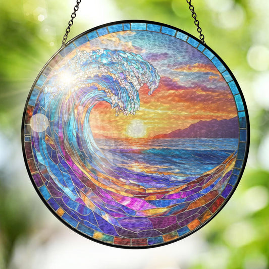 FLAGWIX Beach Gifts for Women Men - Stained Glass Window Hanging 8in for Decorations 2025 - Sun Catchers Indoor Window for Ocean Decor, Beach Decor, Boho Gifts for Women
