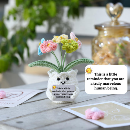 YOOJEE Forget-Me-Not Positive Crochet Flowers Plants Gift Handmade Desk Decor with Card “This is a Little Reminder” Appreciation Inspirational Gift for Coworkers Women Employee Teacher Best Friend Mom