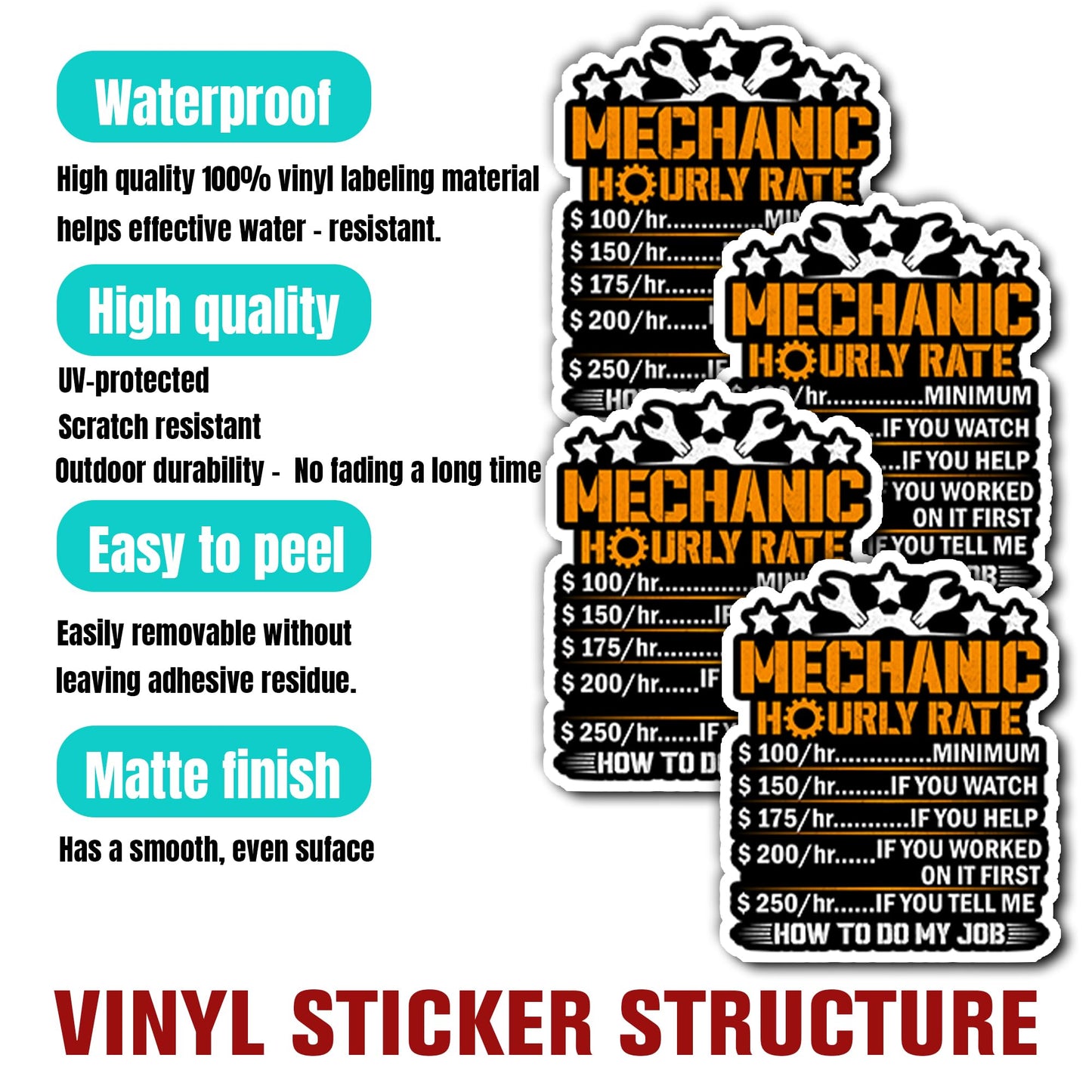 Pack 4PCS Mechanic Hourly Rate Stickers Funny Mechanical Waterproof Vinyl Decal Decor Laptop Phone Case Water Bottle Car Truck Bumper Scrapbook Gifts Birthday Christmas for Adults Men