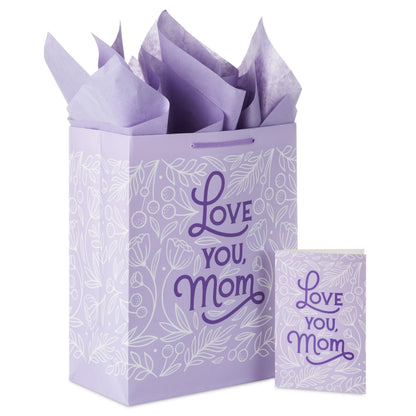 Hallmark 13" Large Mother's Day Gift Bag with Tissue Paper and Card (Love You Mom, Lavender, Modern Flowers)