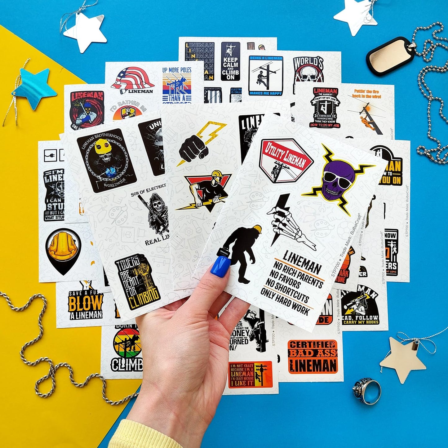 BulbaCraft 100Pcs Lineman Stickers for Hard Hats, Lineman Hard Hat Stickers, Line Worker Vinyl Decals - Line Worker Gifts for Men, Field Technician Party Decorations, Gifts for Women & Men