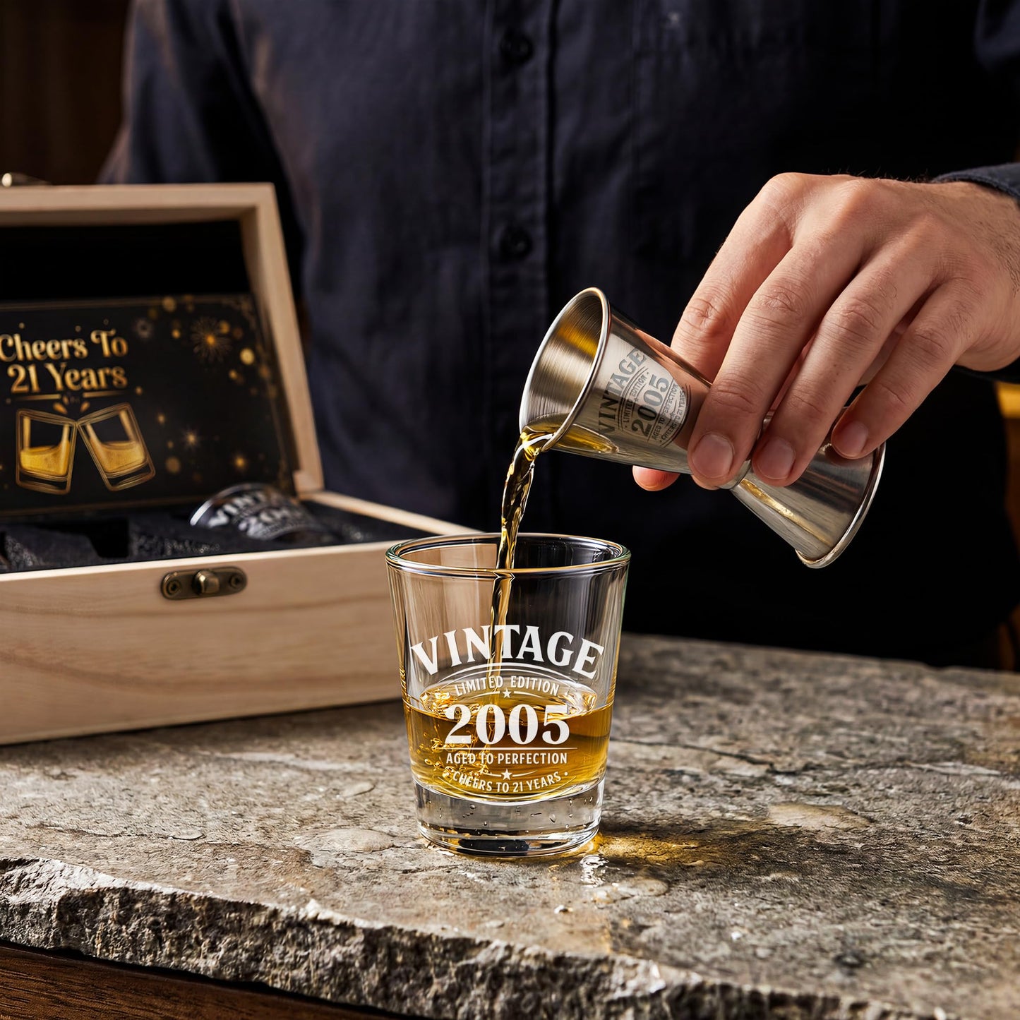 LIGHTEN LIFE 21st Birthday Gifts for Him,2005 Shot Glasses with Valued Wooden Box,21st Birthday Shot Glass Set,21 Years Old Birthday Gift Ideas,21st Birthday Decorations for Men Son Boy Brother Friend